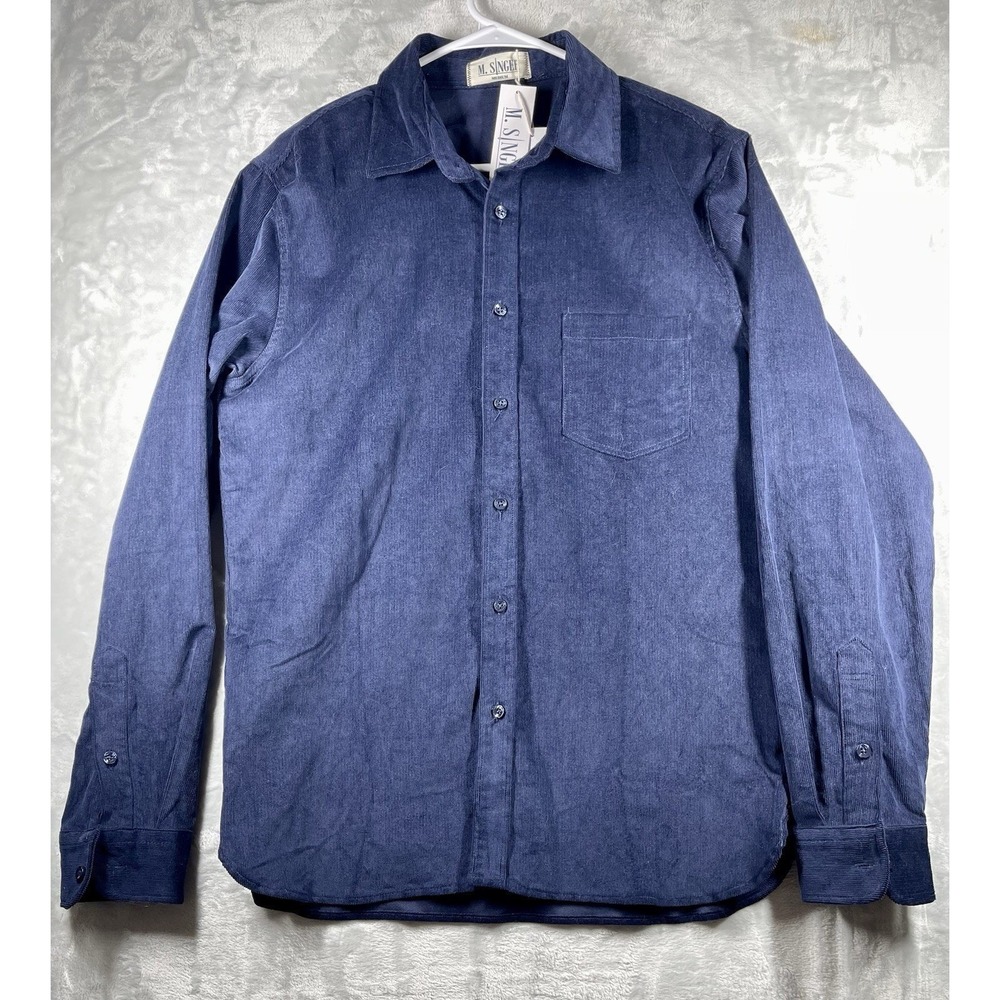 M. Singer NWT Corduroy Casual Button Down Shirt Size Medium in Blue 100% Cotton